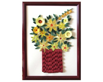 Quilled Yellow Posies In Red Frame Flower Quilling Art Floral Wall Framed Quilled Yellow Posies In Red Frame Flower Quilling Art Floral Wall Framed