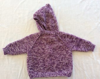 Hand knit, hooded, back zip baby sweater