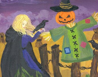 Witch and crow Halloween scarecrow print fantasy art matte reproduction 5 x 7 cute gothic spooky rural rustic folk art black cloak