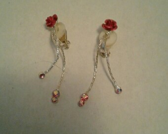 Rose earrings dangle clip-ons
