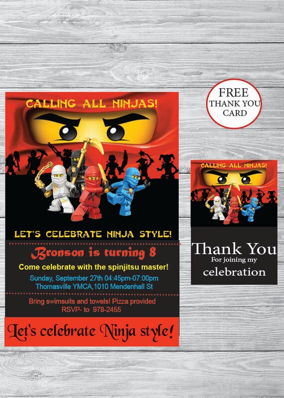 Ninjago party Birthday invitation Free Thank you card