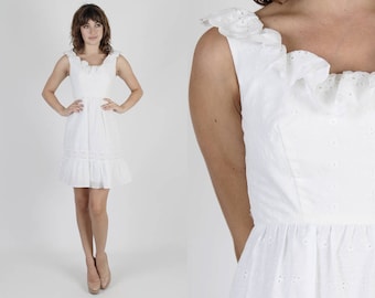 Boho Wedding Dress White Dress Boho Dress Lace Dress Embroidered Dress Vintage 70s Eyelet Dress Bridesmaids Hippie Prairie Mini Dress S
