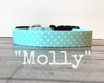 DOG COLLAR, Dog Collars, The Molly, Dog Collars for Girls, Polka Dot Dog Collar, Aqua, Cute Dog Collars
