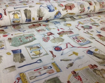 Garden Gate Tiny Treasures - CREAM Cotton Fabric by Deborah Edwards for Northcott, sold by the 1/2 yard, 21479 11 Shed Tools Quilt