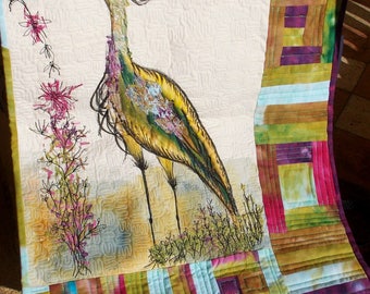 Heron landscape fiber art quilt, new home decor, neutral fiber art, art quilt wallhanging,