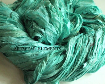 Pure Sari Silk, Medium Blue Green Aqua, 6 Yards, Fair Trade, Silk Ribbon, Silk, Textile Fiber, Art Yarn, Ribbon, Silk, Artwear Elements, #96