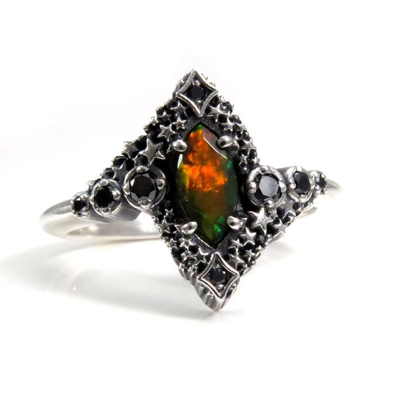 Black Opal Marquise Constellation Engagement Ring - Silver Celestial Black Diamond Cluster Ring - Pick Your Center Stone