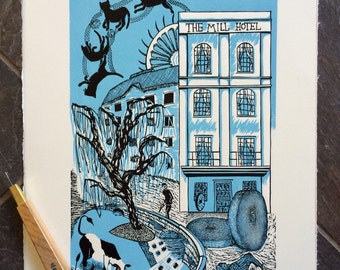 Original Hand Printed Linocut - The Mill