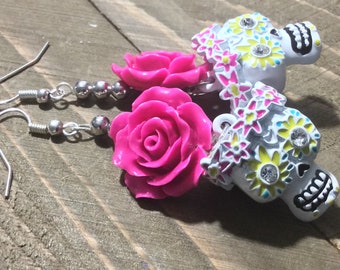 White Skull Earrings, Pink Flower Earrings