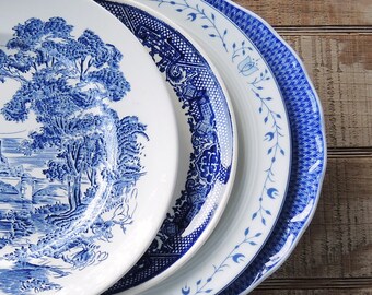 Mismatched Blue and White Dinner Plates for Weddings Set of 4 English Blue Transferware English China, Rustic Replacement China