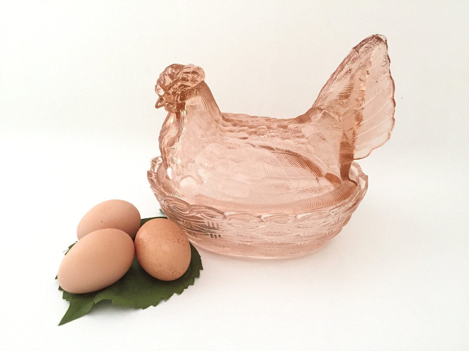 Glass Hen on Nest Farmhouse Kitchen Decor Pink Depression