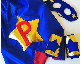 Personalised Kids Cape, Boys Superhero Costume, Kids Superhero Costume, Superhero Cape Mask, Superhero Party Gift. Choose colours + letter.