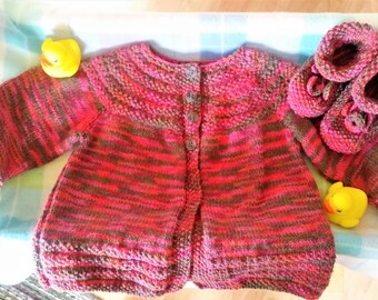 4 Months + Pink/brown/orange knitted jacket/sweater and booties set - newborn baby set - colourful baby jacket/booties - knitted baby gift