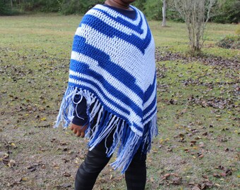 Blue and White Granny Square Crochet Poncho - Handmade