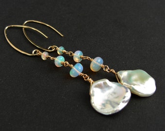White pearl earrings Gold plated with Welo opal, long earrings, Goldfilled earrings