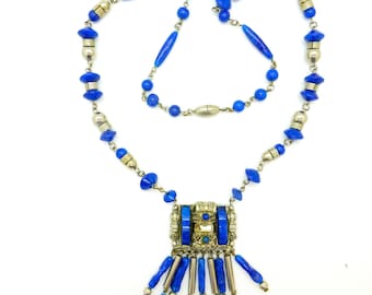 Art Deco Chrome and faux lapis necklace c1920's Flapper Neiger Brothers Egyptian revival Vintage Czech jewellery