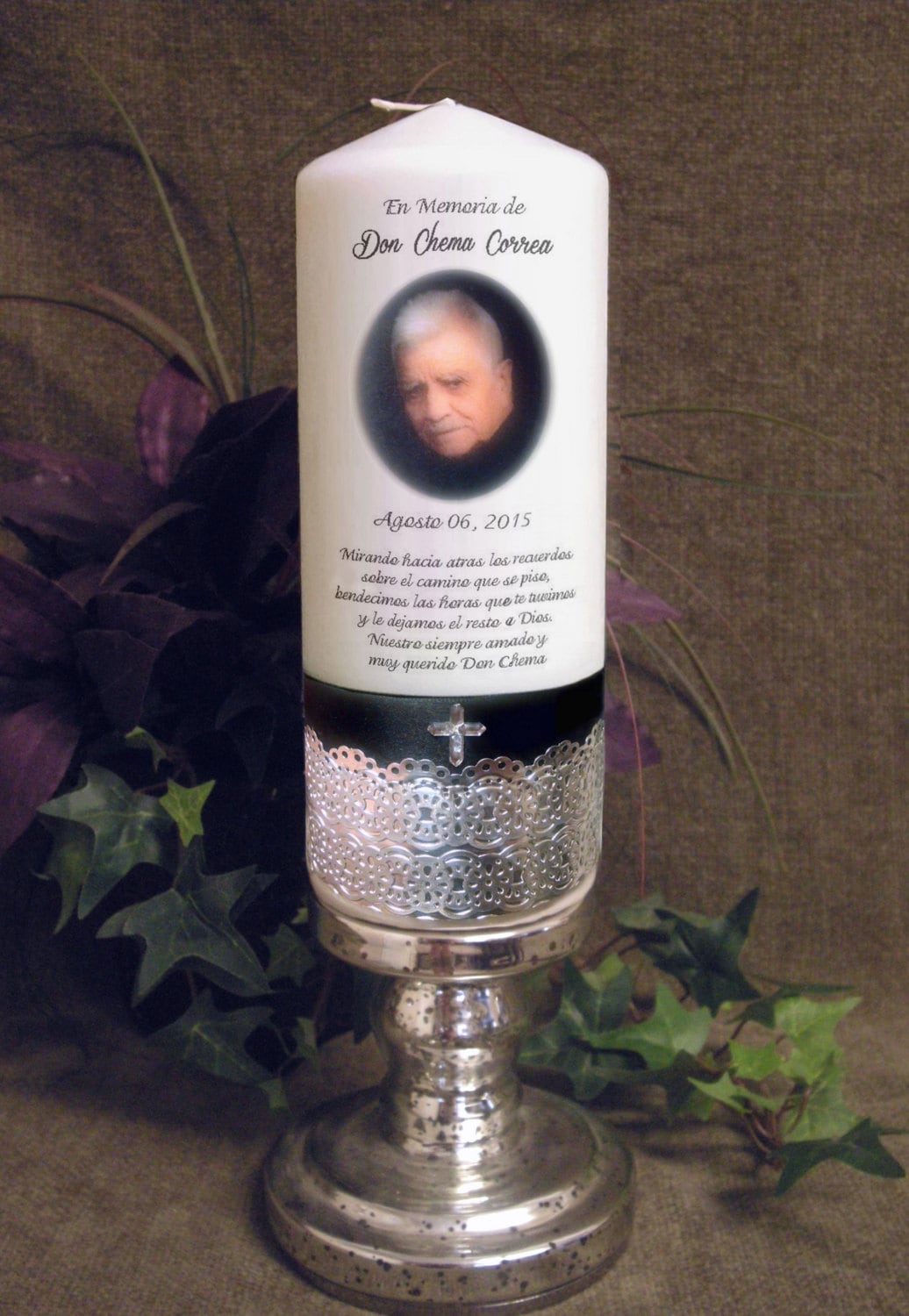 Personalized Picture Memorial Candle with metal embossing and