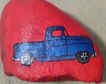 Hand painted rock: Blue truck