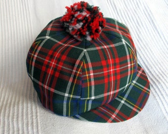 Tartan children cap with pompon - French children cap - Hat boy or girl - Polyester red cap - Tergal hat cap