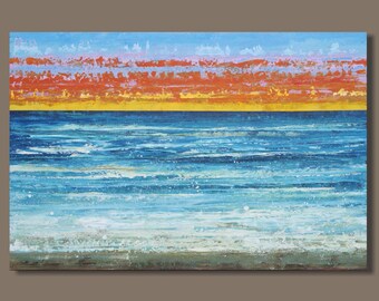 FREE SHIP large abstract painting, ocean sunset painting, turquoise blue, beach painting, beach sunset, 24x36, modern art, impressionist art