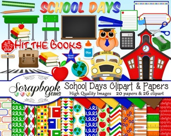 SCHOOL DAYS Clipart & Papers Kit, 26 png Clip arts, 20 jpeg Papers Instant Download education books owl bus pencil stapler globe apple chair