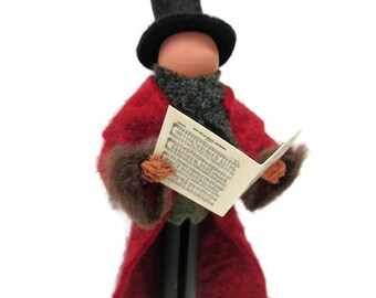 Christmas Caroler Ornament, Caroler Man, Clothespin Ornament, Victorian Caroler, Wool Felt, Ornament Exchange, Peg Doll, Christmas Decor
