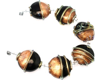 Black and Gold lampwork beads set of 6 lampwork beads SRA glass beads MTO, glass beads lampwork glass beads ,jewelry supplies