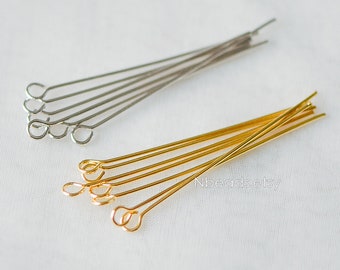 100pcs Gold/ Silver Eye Pins 40mm, Gold/ Rhodium plated Brass Eyepins, 0.7mm/ 21 Gauge (GB-026)