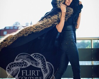 Black Hooded Coat With Faux Fur Hooded Cloak Assasin Coat Urban wear