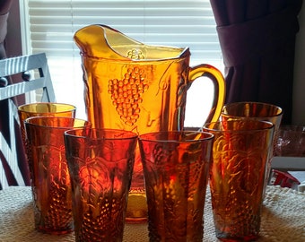 Amber Harvest Carnival Glass 64oz Pitcher and set of 6 matching Tumblers/Coolers