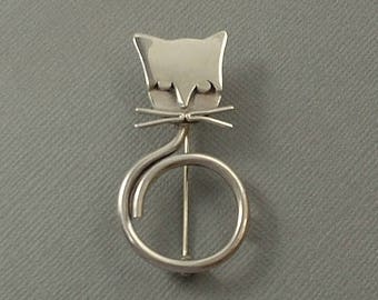 Modernist Sterling Silver CAT Brooch Vintage Mexican Taxco Jewelry, Minimalist Sculptural Design, Made in Mexico, Kitty Gift for Her