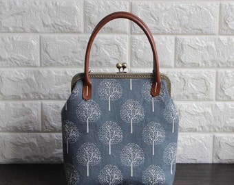 the tree- Clutch Purse (Cotton Fabric with Metal Frame and Bag Belt) Kiss Lock Clutch Purse, Modern Bag, Metal Frame Purse