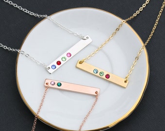 Birthstone Necklace • Mother's Day Gift Birthstone Bar Swarovski Crystal Mom Necklace Rose Gold Bar • Tiny Crystal Small Birthstone BB_18