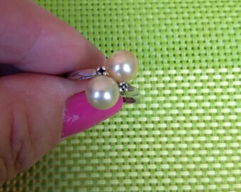 Size 7.5 Double Pearls Ring/Silver Tone Pearls Ring/Promising Pearls Ring/Simple Vintage Double Pearls Ring/No143