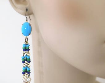 Vintage Earrings - Tassel Earrings - Brass Earrings - Turquoise Earrings - Blue Earrings - Beaded Earring - Boho Pearl Earrings - OOAK