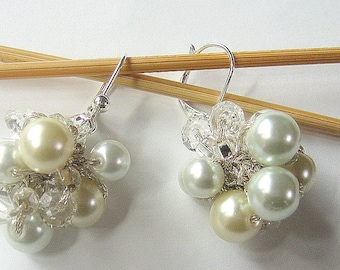 Ivory and White Pearl Cluster Bauble Earrings with Crystals, Bridal Wedding / Hand Knit Original Design