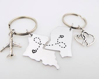 State Keychain USA custom Best Friends Long Distance Relationship LDR matching set going away gift long distance family living apart college