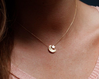 Moon and Star Necklace, Gold Moon Star Necklace, Moon Necklace, Star Necklace, Simple Gold Moon Necklace, Gold Star Necklace, Gift for Her