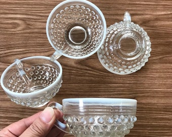 anchor hocking moonstone clear opalescent coffer tea cups / milk glass teacups / set of 4