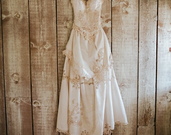 SALE! French Provincial Marie Antionette Rustic Romance Wedding Gown~ Vintage Lace Wedding Gown~Strapless Corset Bridal Gown