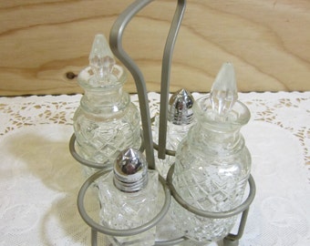 Vintage Cruet Set * Oil & Vinegar Set * Salt and Pepper Shakers * Condiment Set With Steel Caddy