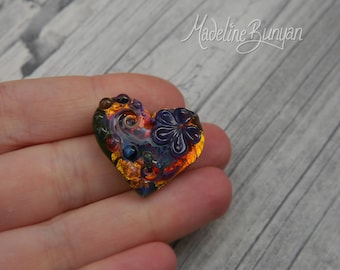 Rainbow Garden, Heart with purple flower, Lampwork heart-shaped cabochon, flat back, gem for setting, bezelling