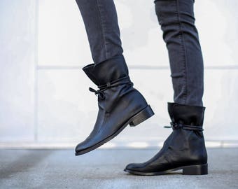 SALE, Leather Boots, Ankle Boots, Black Booties, Handmade Boots, Slouch Boots, Black Riding Boots, Lace Up Boots, Mateo