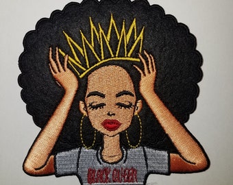 Exclusive "Black Queen" Iron-on Embroidered 3D Afrocentric Patch; Beautiful Black Queen with Crown