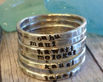 New skinny personalized stackable stacking rings sterling silver stackers tiny font hand stamped dainty jewelry stack as many as you want