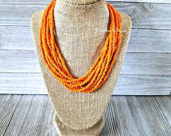 Necklace, multi strand necklace, bright orange necklace, tangerine orange necklace, orange necklace, adjustable length, tangerine necklace