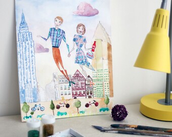Custom Couples Portrait - Mixed-Media Original Illustration