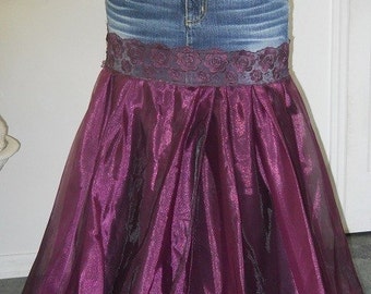 Made to Order Chloé jean skirt purple satin lace bohemian goddess Renaissance Denim Couture