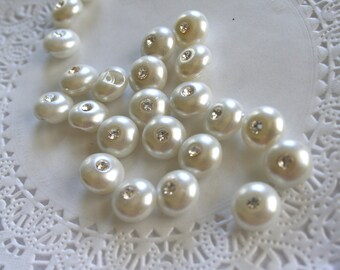 12 Vintage Pearl Rhinestone Bitty Buttons