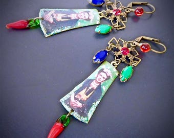 Retro-Bohemian Earrings: Frida Kahlo - pictures and colored crystals